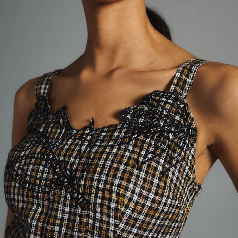 By Anthropologie Embroidered Plaid Jumpsuit NWOT Size XS (0) - Picture 4 of 12